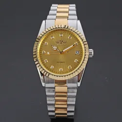 T-WINNER Brand New Watches Men Mental Automatic Mechanical Golden Dial Calendar Watch Military Stainless Steel Band HombreMontre