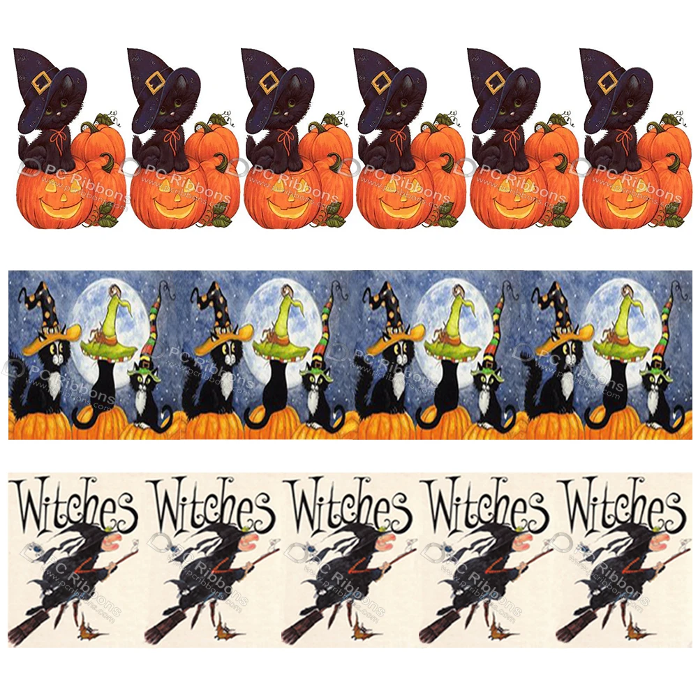 

Custom black cat Pumpkin Witch Halloween pattern printed grostgrain ribbon DIY hairbow party decoration band 50 yards