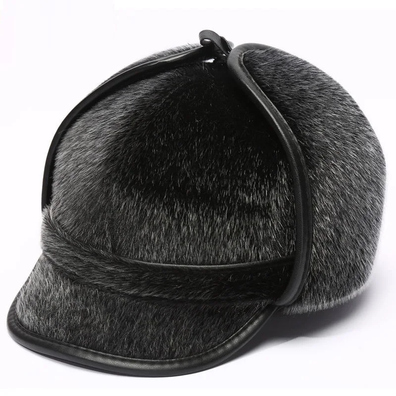 Men\'s fur Baseball Cap for Men Winter Warm Wear Hat for Male Earmuffs Hat with Ear Flap Russian Cap Ear Protection  B-7221