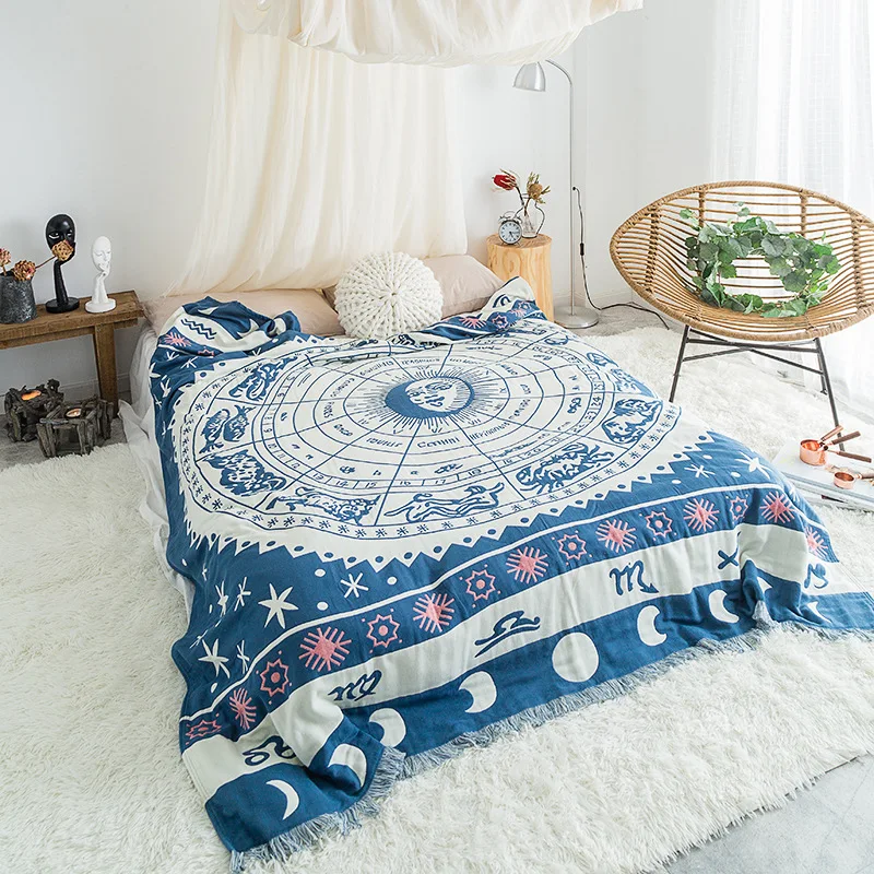 

Blue bohemia style towel blanket Gauze throw quilts 100% cotton tassels 200*230cm bed cover 4layer home bedding new arrived bohe