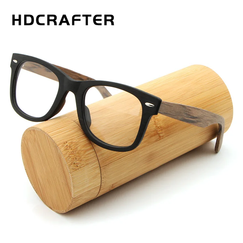 HDCRAFTER Prescription Glasses Frame Retro Wooden Plain Myopia Glasses with Clear Lens Wood Square Eyeglasses Frames Eyewear