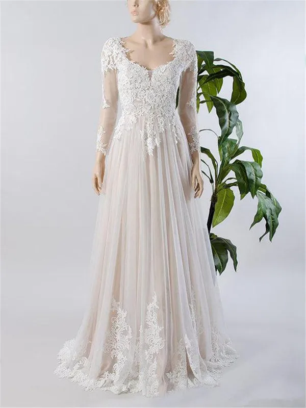 

Beach Vestido De Noiva Muslim Wedding Dresses A-line V-neck Long Sleeves Tulle Appliques Boho Wedding Gown Bridal Dress