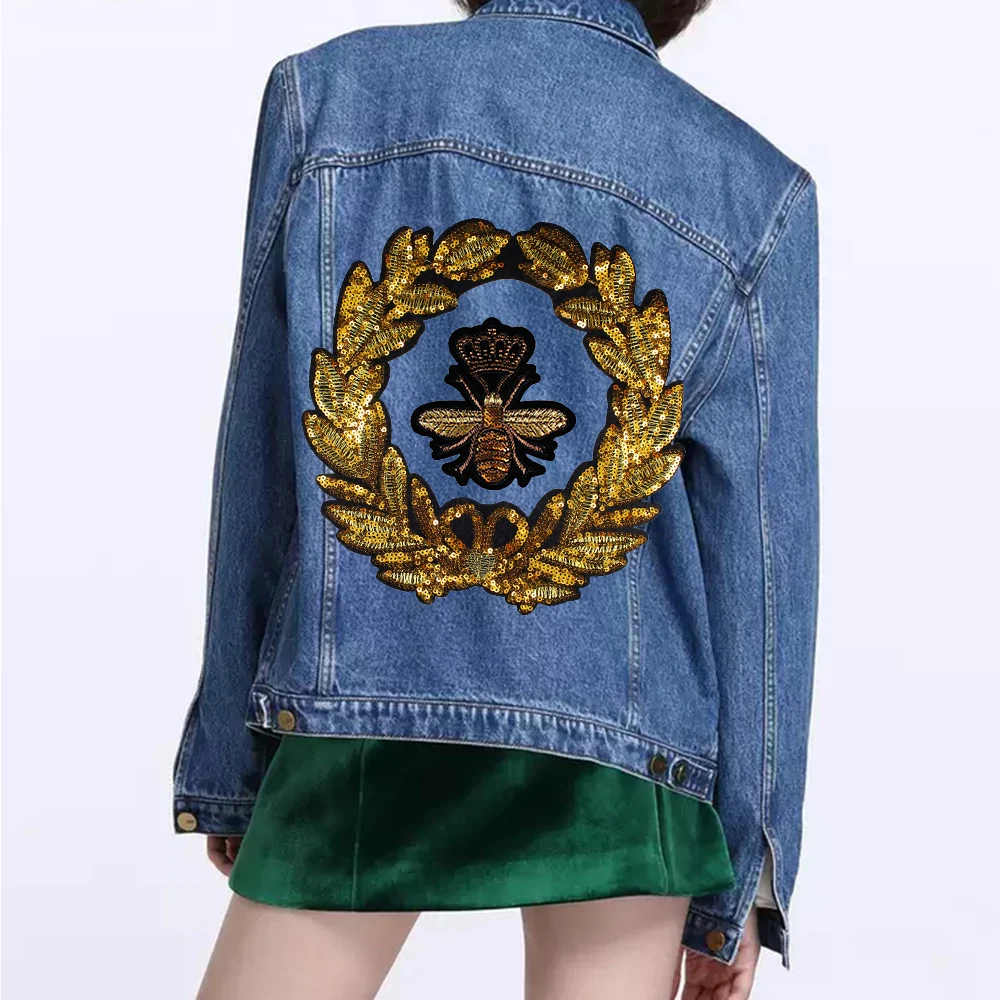 Embroidery Beaded Sequin Motifs Gold Wreath Applique Crown Bee Patches Badge for Bags Clothing Sewing Craft TH910