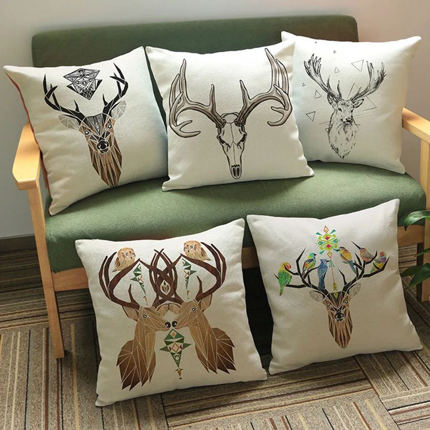 Christmas Reindeer Head Home Decorative Sofa Throw Pillow Couch Cushion Cover Cream Color Linen Deer Animal Print Pillow Cover