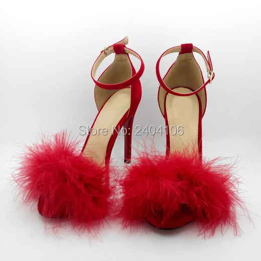 

Sapatos Femininos Suede Ladies Party Wedding Shoes Summer New Open Toe Feather Sandalias Sexy High Heels Ankle Strap Fur Sandals