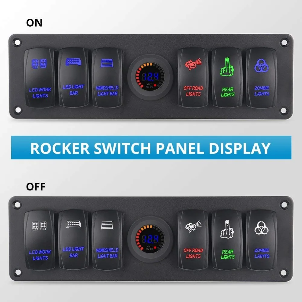 6 Gang Marine Ignition Toggle Rocker Switch Panel Waterproof with 12V LED Digital Colorful Voltmeter for RV Car Boat Vehicle