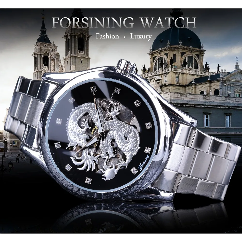 Forsining Classic Dragon Ontwerp Zilveren Roestvrij Staal Diamant Display Mannen Automatische Horloges Top Merk Luxe Montre Homme