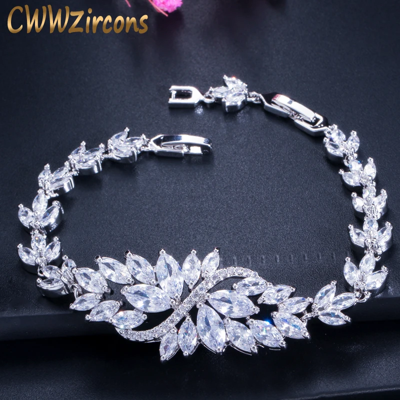 CWWZircons Luxury Women Jewelry Gift Large White Flower Charm AAA+ Cubic Zirconia Wedding Bracelets Bangles for Brides CB081