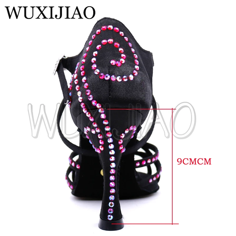 WUXIJIAO Salsa dans SParty dans ayakkabıları saten Shining rhinestones yumuşak alt Latin dans ayakkabıları kadın Salsa topuk 5cm-10cm