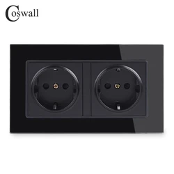 Coswall Wall Glass Panel 16A EU Russia Spain Double Socket Grounded With Children Protective Door Black Color 146*86mm