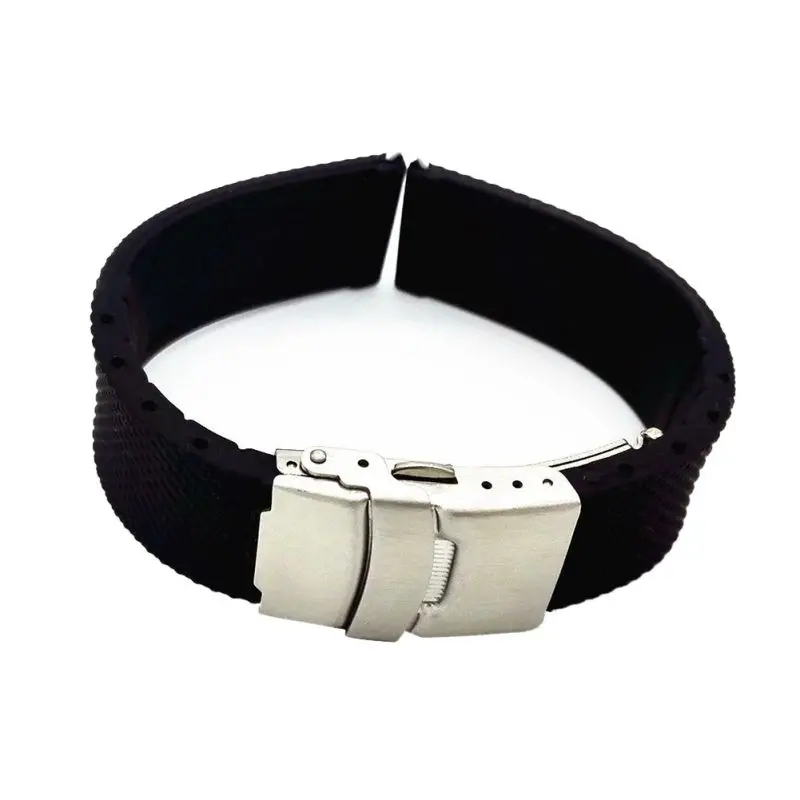 20 22 24mm Silicone Rubber Stainless Steel Double Click Folding Clasp Watch Band Strap Straight End Bracelet Black Watchband