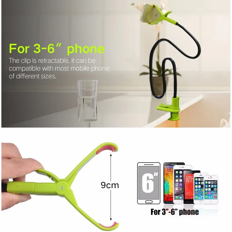 BGreen Bendable Universal  Mobile Cell Phone Desk  Holder  360 Rotating Clip Bed Stand For iPhone 5S 6 Plus 5.5 Samsung Andriod