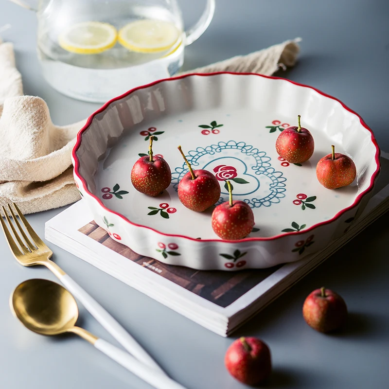 1pc Red Cherry Baking Plate Ceramic Dinner Dishes Pasta Rice Backed Plate Baking Tray Ovenware Dinner Plate 9.6 inch