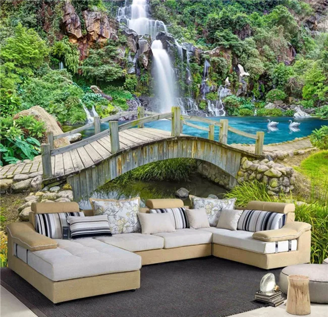 

Customize any size idyllic scenery 3D TV background wall paper living room sofa bridge water waterfall scenery home decoration