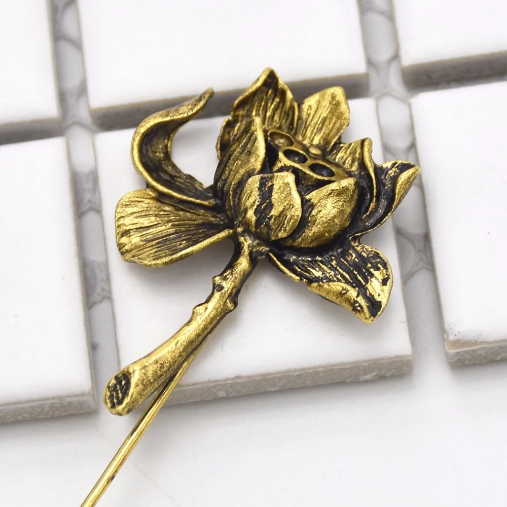 Vintage Gold Silver Color Lotus Pins Brooches For Women Long Flower Lapel Badge Men\'s Suit Collar Wedding Accessories Jewelry