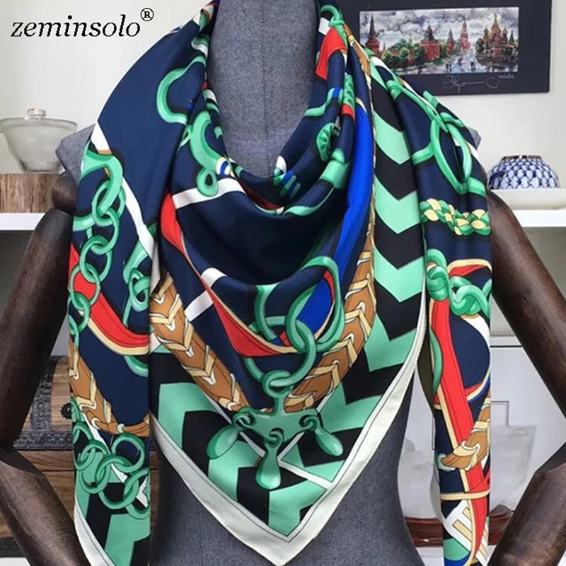 100% Twill Silk Scarf Scarves For Women Hijab Design Print Chain Square Silk Scarves Shawls 130*130cm 2019 Female Bandana Wraps