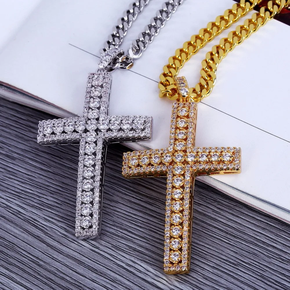 

Hip Hop Bling Ice Out Cross Men Pendant Necklace AAA CZ Pave Hiphop Rapper Jewelry Gold Silver Color with 24 inches cuban chain