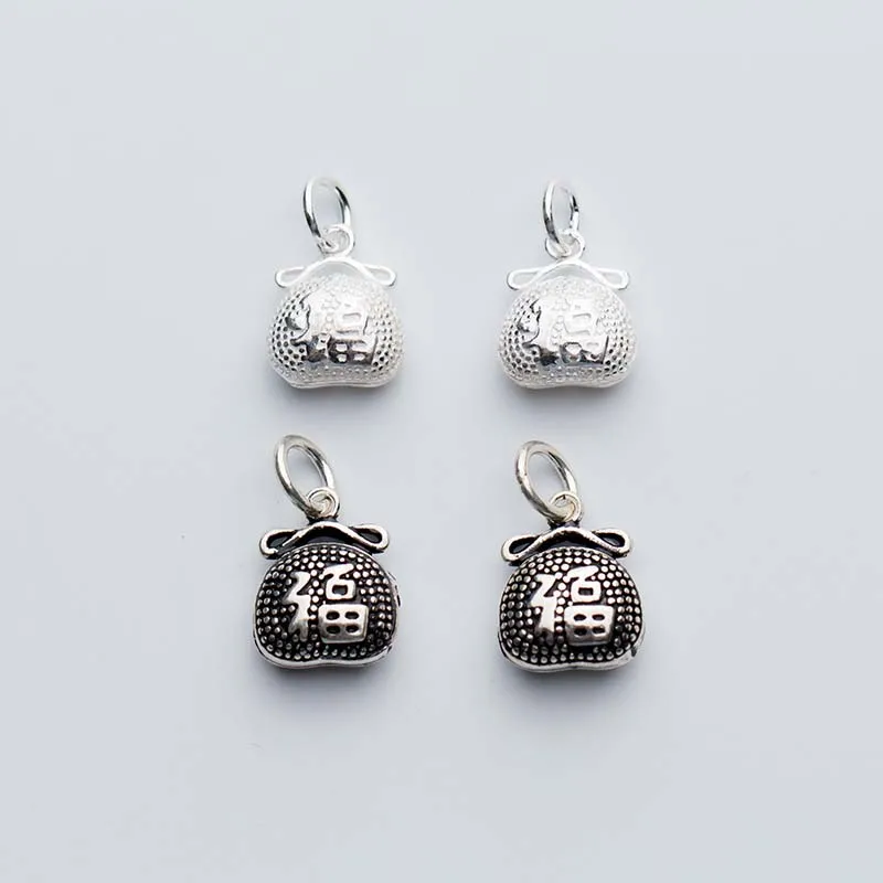 925 Sterling Silver Craft Money Bag Charms Chinese Letter Good Luck Carved Silver Pendants DIY Birthday Jewelry Making Gift