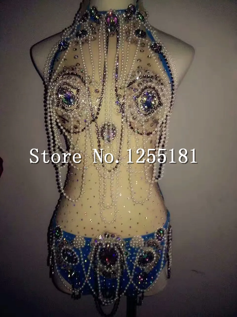 Leotardo de Bikini con cadenas de diamantes de imitación para mujer, traje brillante de una pieza, monos azules con lentejuelas, trajes, ropa de discoteca para baile de escenario