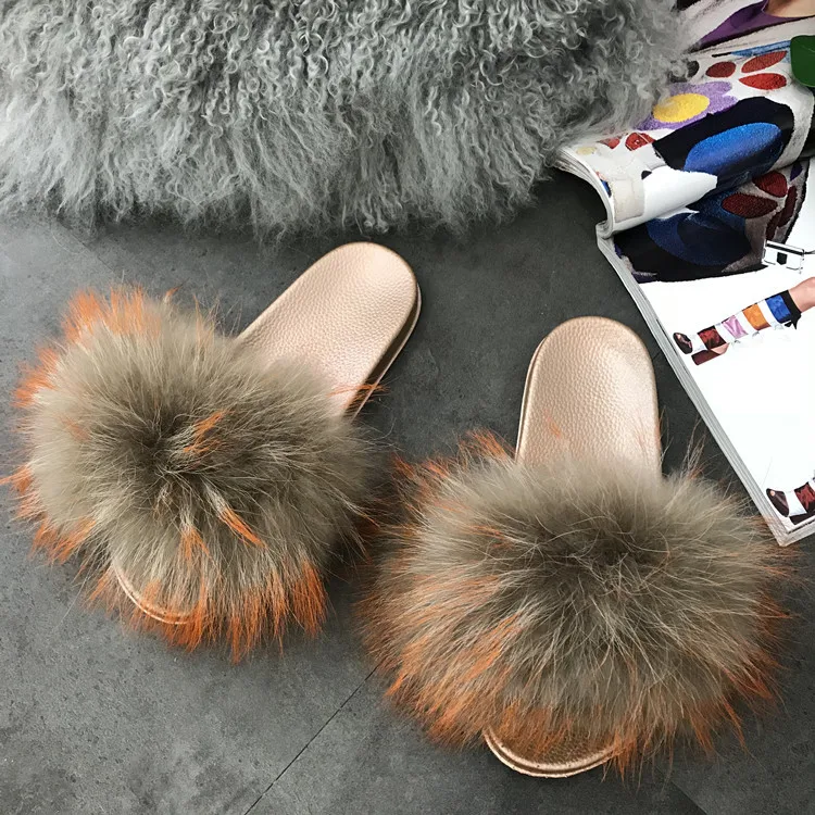 2019 real Red Raccoon Fur Sandals Women Slides Fox Hair Flat Fluffy Fashion Home Summer Big Size Natural Furry Flip Flops Shoes