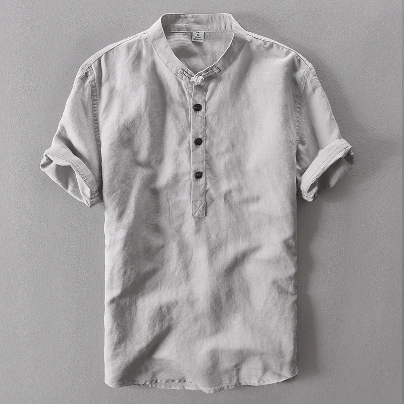 New Summer Brand Shirt Men Short Sleeve Loose Thin Cotton Linen Shirt Male Fashion Solid Color Trend O-Neck Tees