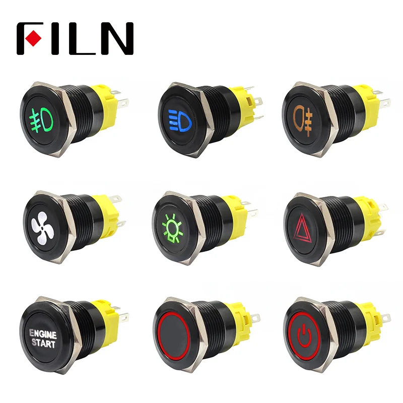 19mm 12v LED stainless steel black metal push button switch dashboard warning symbol momentary latching on off car racing switch