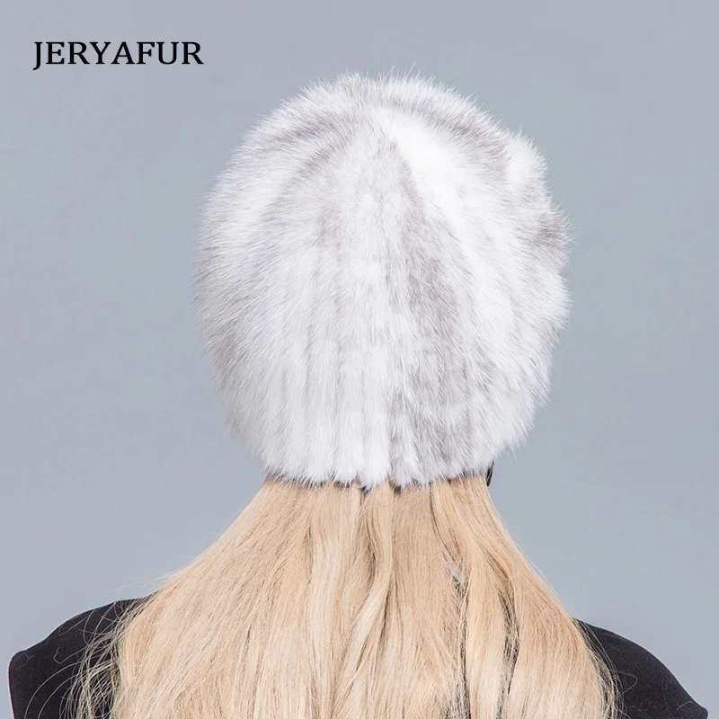 JERYAFUR Winter Natural Mink Fur Hats Women Warm Thick Lined Fur Knitted Caps Fashion Female Rhinestone Flower Beanie