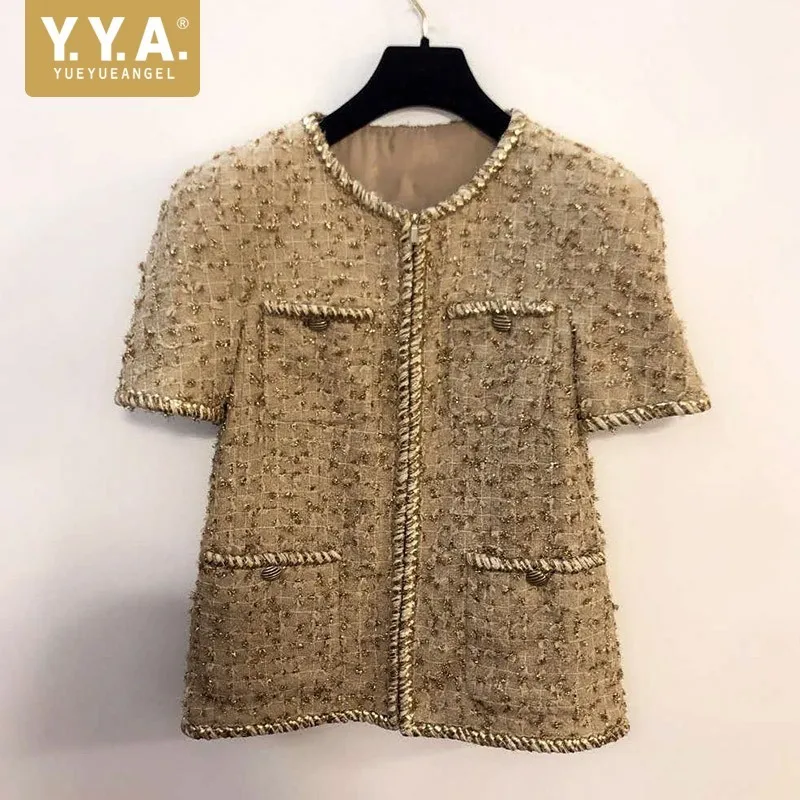 Vintage Luxury New Ladies Slim Fit Two Piece Tweed Outfits Short Sleeve O-Neck Zipper Fly Short Coats A-Line Skirts Womens Sets