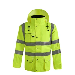 Men's Waterproof High visibility rain jacket safety rain coat reflective with pockets