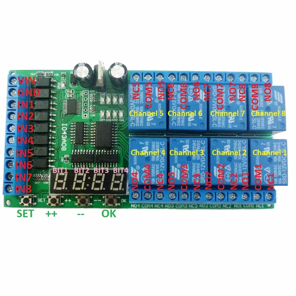 

IO43A08 Multifunction Delay Module 8CH DC 12V Cycle Timer Switch For Motor LED PLC Lathe Power Sequencer