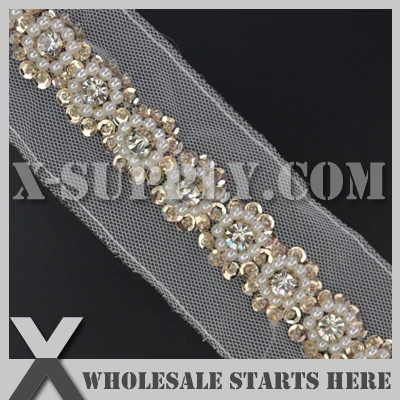 

DHL Free Shipping Decoration White Bridal Lace Trim with Pearls,Sequins and Rhinestone for Wedding Dress,Collars,Clothes