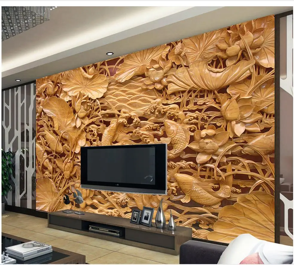 

3d name wallpapers Home Decoration Classical carved wooden mural TV backdrop pond wall mural photo wallpaper