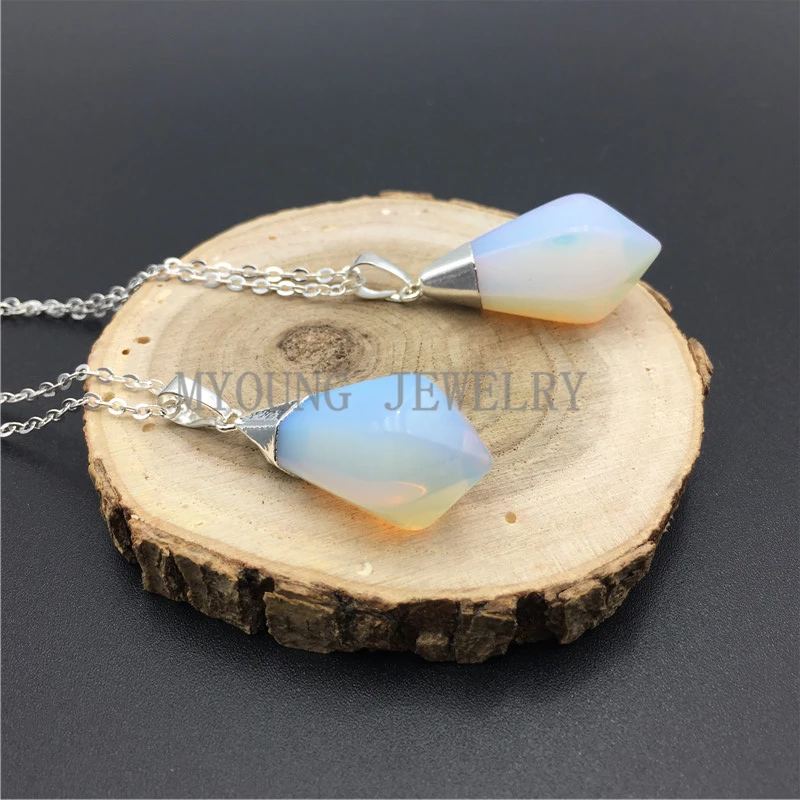 

MY0928 Opal Pendulum Cone Pendant Point Opalite Silver Chain Necklace