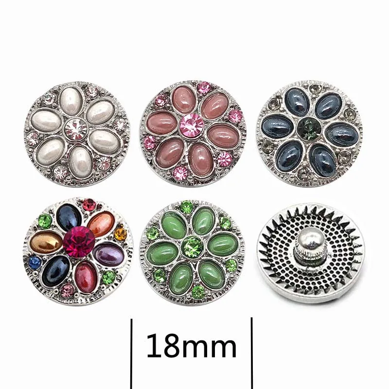 High quality 058 flower 18mm rhinestone metal button for snap button Bracelet Necklace Jewelry For Women Silver jewelry