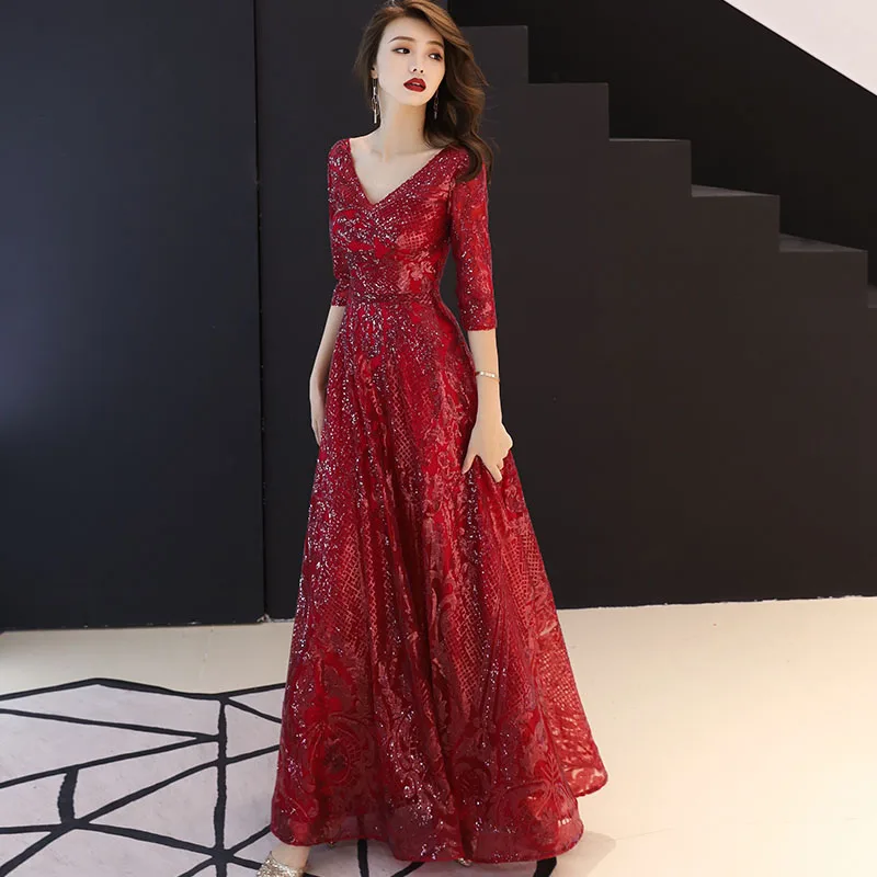 Customized Gold Wine Red Evening Dresses Long 2024 Elegant V-neck A-line Floor-Length Sequined Formal Evening Gown WY1082