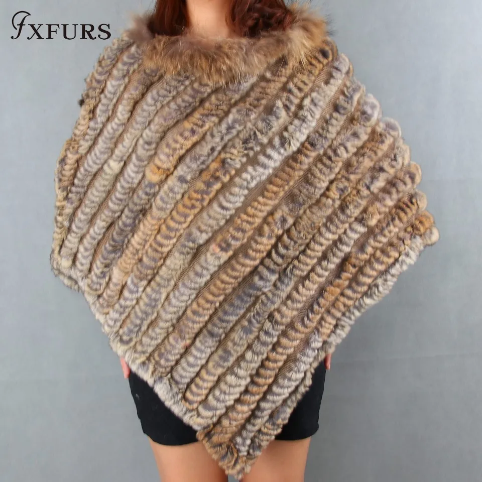 

FXFURS 2020 New Knitted Rabbit Fur Poncho Women Fashion Fur Pashmina Stole Colorful Fur Scarves with Raccoon Fur Strips