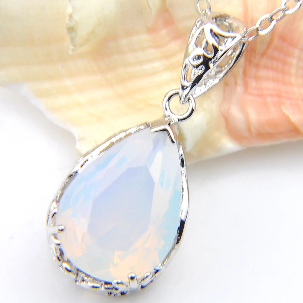 Luckyshine New Water Drop Fire Moonstone Silver Plated Wedding Pendants Russia USA Australia Pendants Necklaces