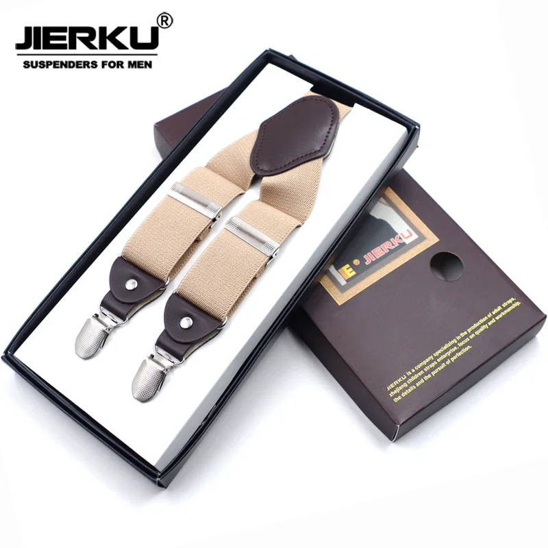 JIERKU Suspenders Man's Braces Leather 4Clips Suspensorio Fashion Trousers Strap Father/Husband's Gift Tirantes Hombre JK4C08