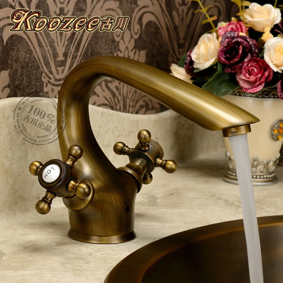 

Furukawa American classical European-style retro green bronze brushed hole dual handle basin faucet antique copper faucet full