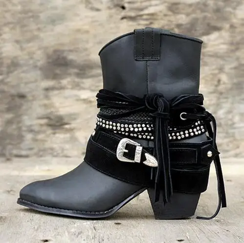 Fashion Fringe Women Short Chelsea Boots Black Genuine Leather Thick High Heels Shoes Woman Pointed Toe Metal Buckle Booties