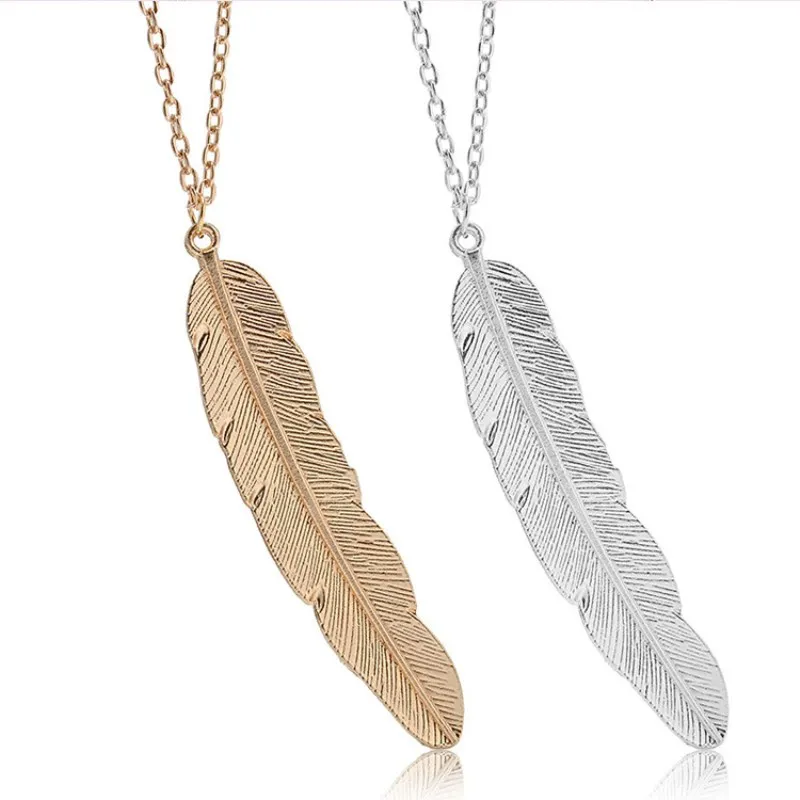 New Fashion Vintage Long Feather Pendant Necklace Jewelry Golden Simple Leaf Shape Collar Women Sexy Chain Collares
