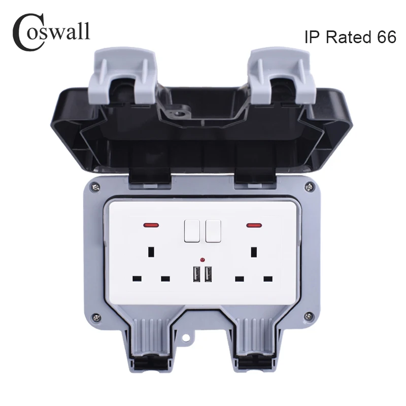 Coswall IP66 Weatherproof Waterproof Outdoor BOX Wall Socket 13A Double Universal / UK Switched Outlet With USB Charging Port