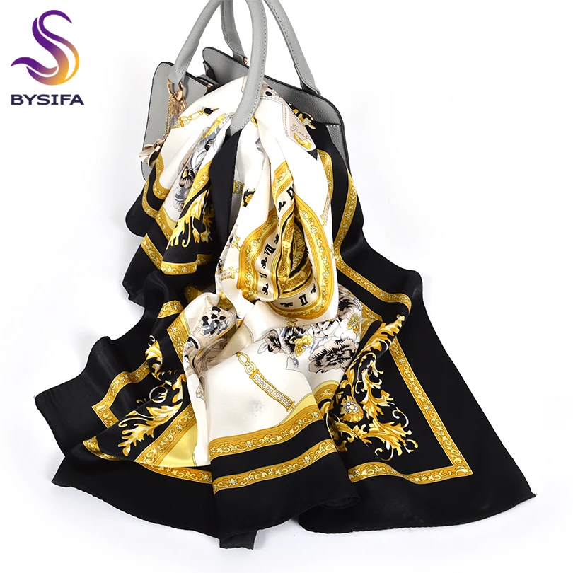 [BYSIFA] Black Gold White Scarves Women Elegant New 100% Silk Scarf Shawl Printed Fall Winter Ladies Brand Scarves Wraps 88*88cm