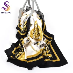 [BYSIFA] Schwarz Gold Weiß Schals Frauen Elegante Neue 100% Silk Schal Schal Gedruckt Herbst Winter Damen Marke Schals wraps 88*88cm