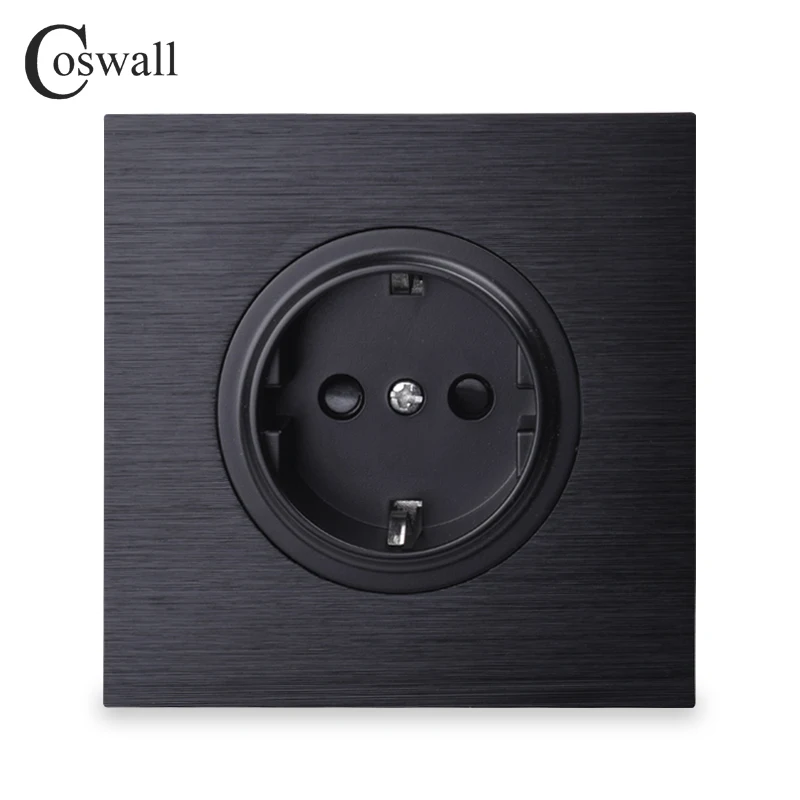 Coswall Black / Silver Grey Brushed Aluminum Panel EU Russia Spain Wall Power Socket Outlet Grounded With Child Protective Lock