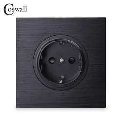 Coswall Black / Silver Grey Brushed Aluminum Panel EU Russia Spain Wall Power Socket Outlet Grounded With Child Protective Lock