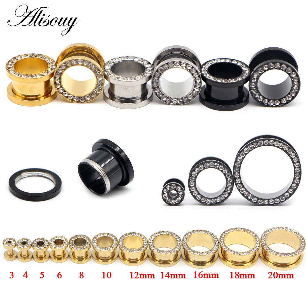 Alisouy 2pcs Ear Expansion Black Gold  color Stainless Steel Crystal Ear Expander Septum Ear Plugs Tunnels Body Piercing Jewelry