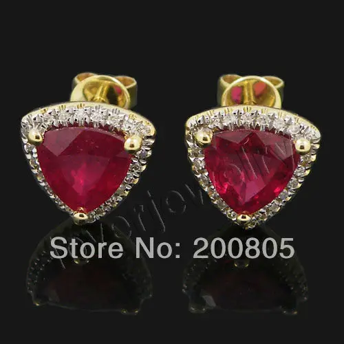 LOVERJEWELRY Trillion 7mm 14Kt Yellow Gold Diamond Red Ruby Stud Earrings Ruby Earrings 585 Yellow Gold E0081