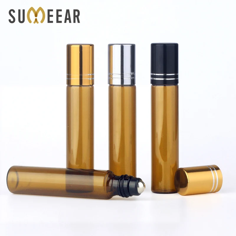 100 Pieces/Lot 10ML Portable Essential Oil Bottles Roller Amber Glass Bottle Refillable Perfume Bottle MINI Cosmetic Container