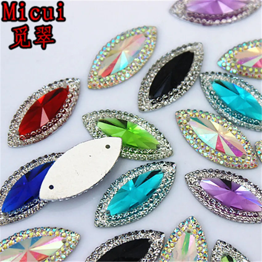 Micui 50pcs 11*24mm Dual color Horse eye Resin Rhinestone Crystal Flat Back Beads Sew On For DIY Wedding Decoration ZZ533
